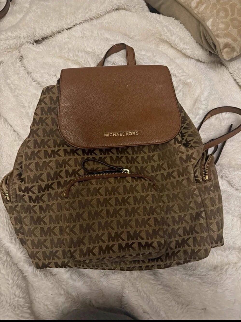 Michael Kors Logo Backpack Purse Medium Brown/Beige Flap Drawstring Pockets
